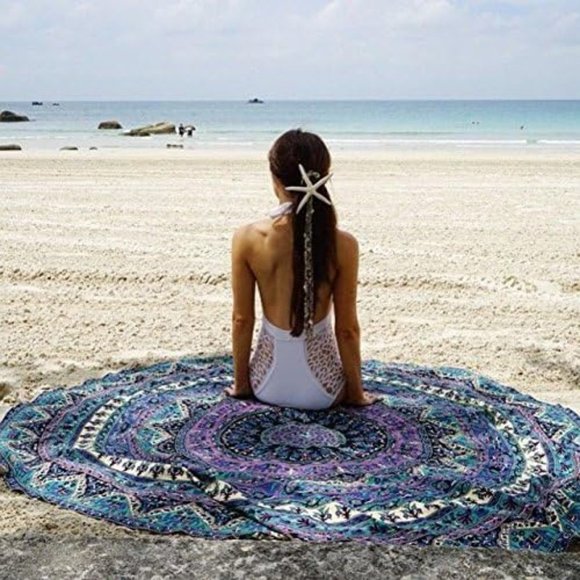 Purple Green Floral Boho Round Beach Blanket Tablecloth Tapestry Decor NEW - Picture 1 of 4